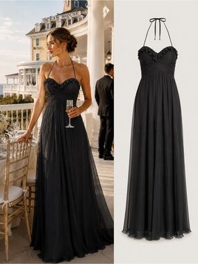 Amsale 100% Silk Crinkle Chiffon Halter Gown Size 10 Formal Evening Maxi Dress
